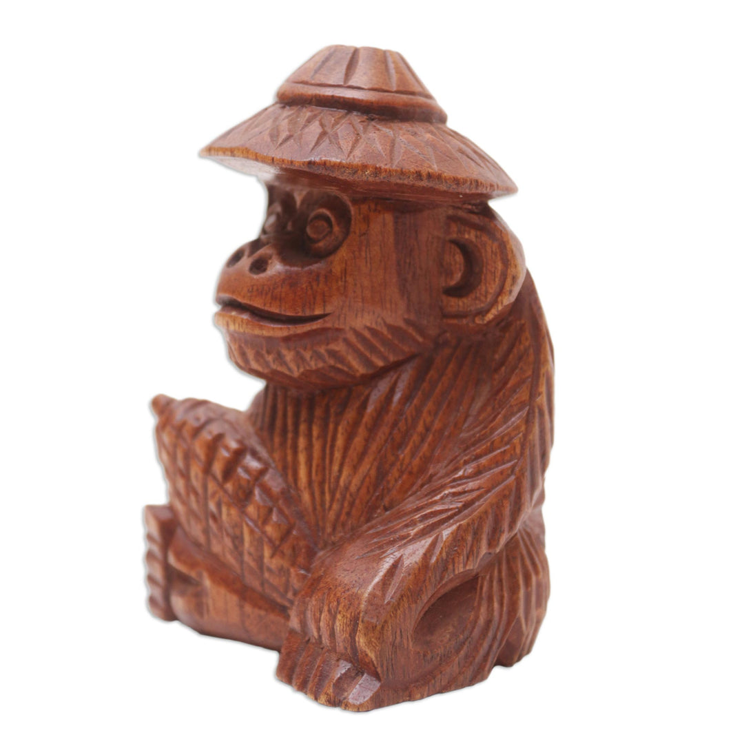 Hand-Carved Jempinis Wood Monkey Statuette with Corn - Prosperity and Cunning