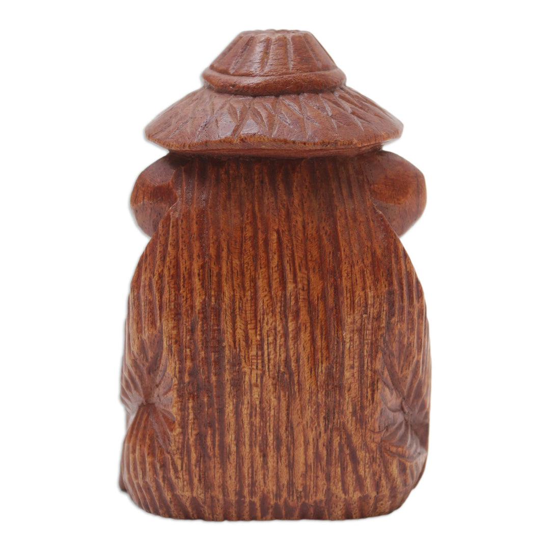 Hand-Carved Jempinis Wood Monkey Statuette with Corn - Prosperity and Cunning