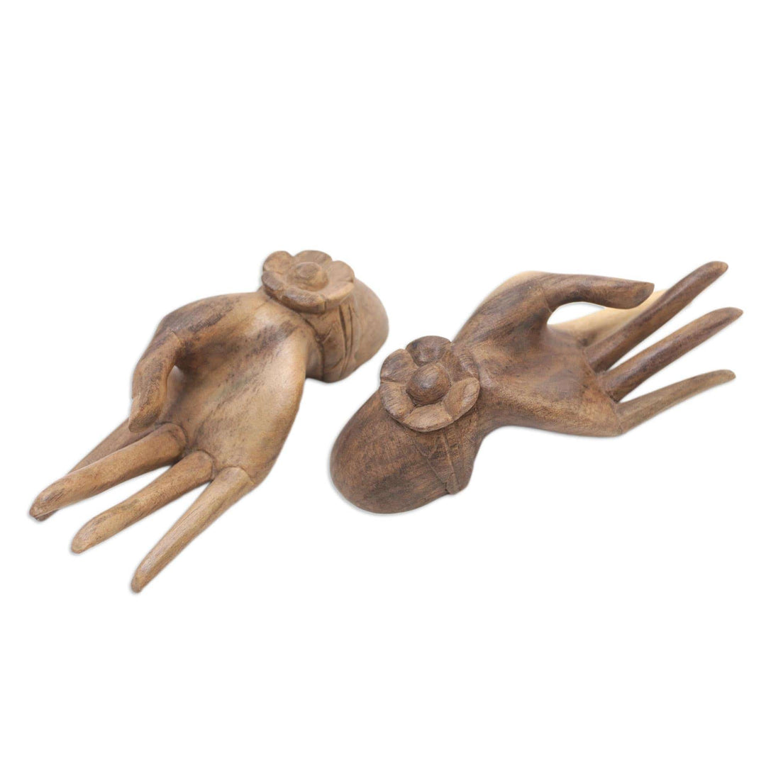 Set of 2 Carved Floral Hibiscus Wood Sculpture of Hands - Passion Hands
