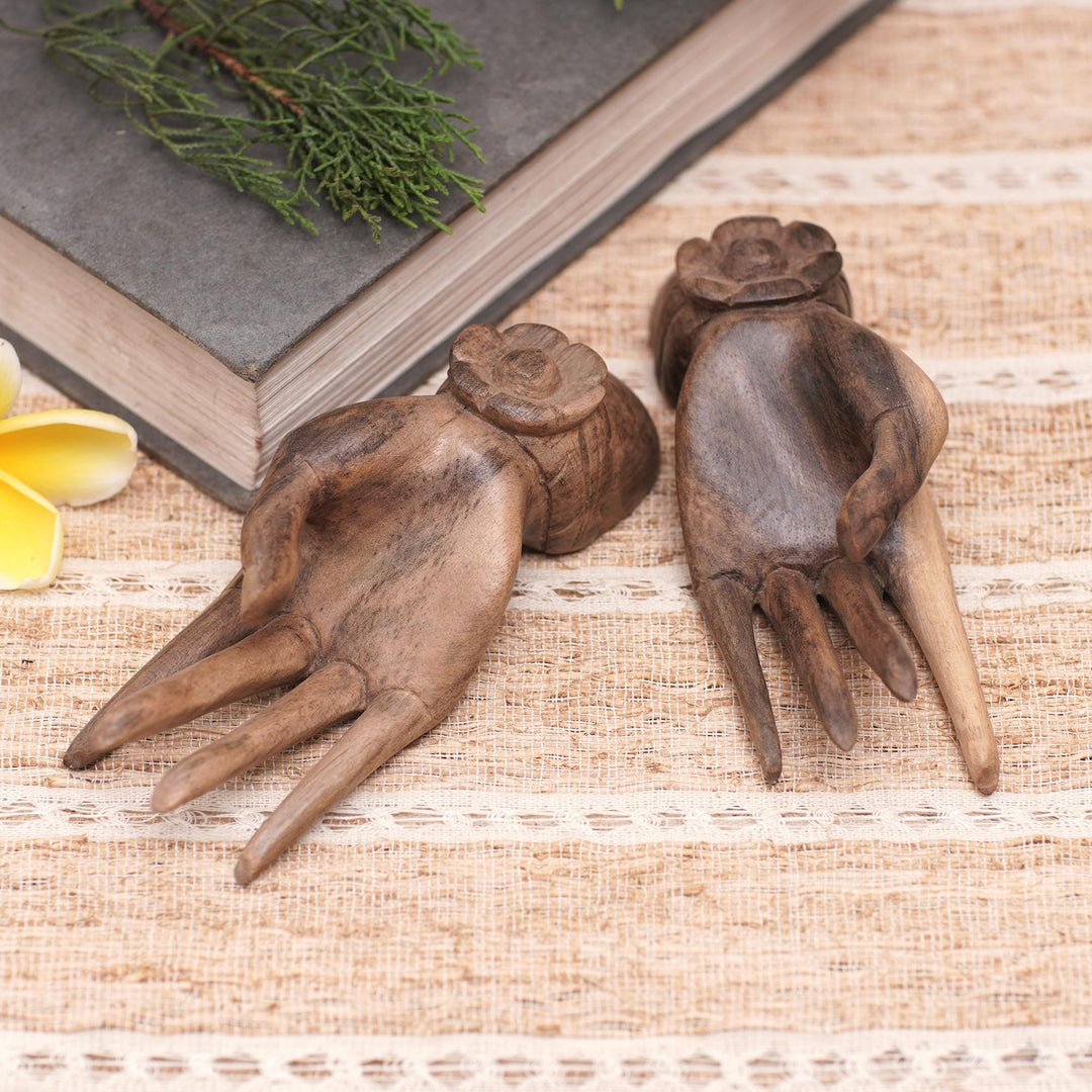 Set of 2 Carved Floral Hibiscus Wood Sculpture of Hands - Passion Hands