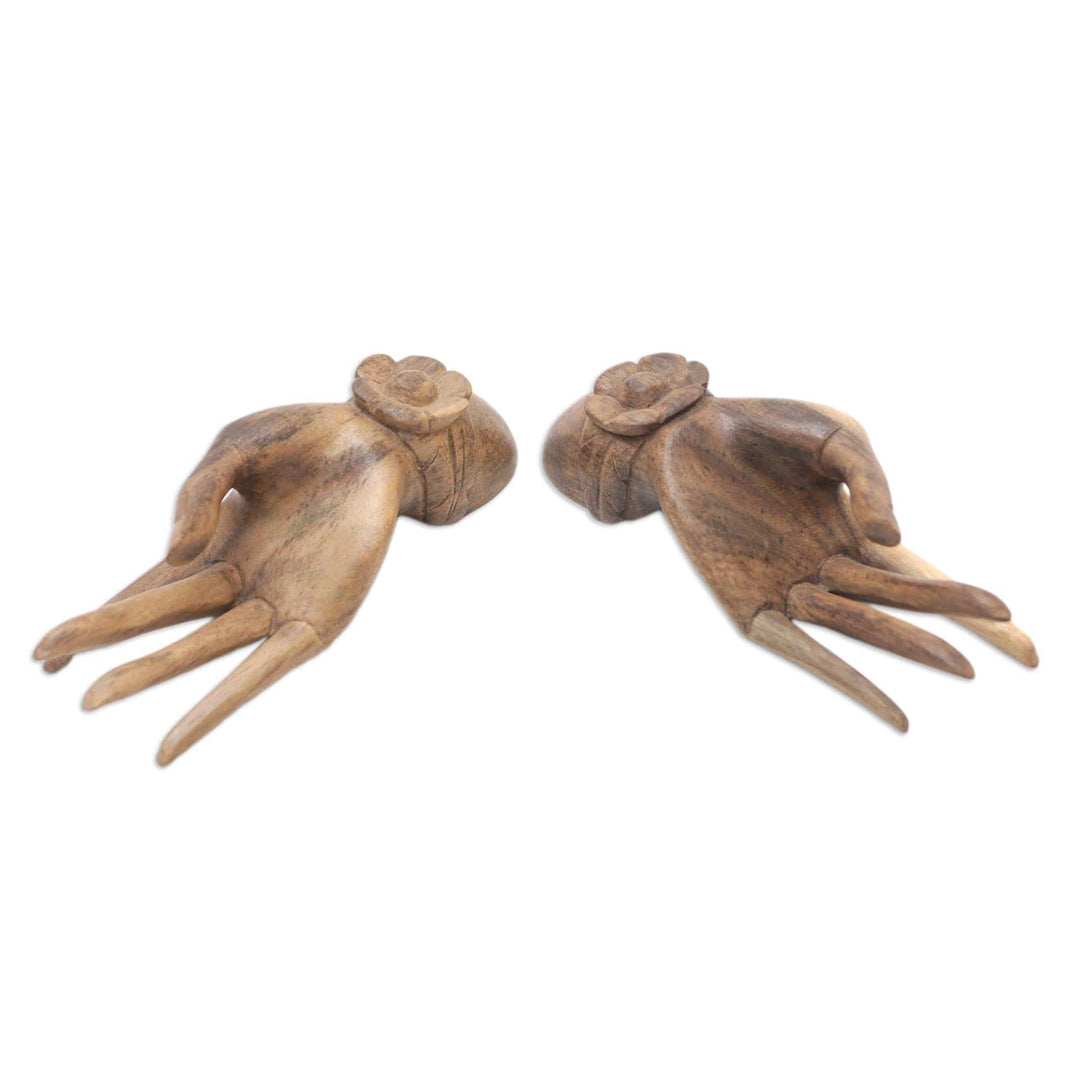 Set of 2 Carved Floral Hibiscus Wood Sculpture of Hands - Passion Hands