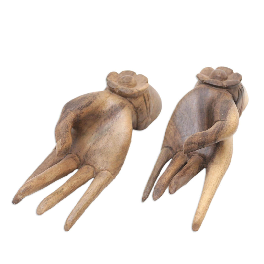 Set of 2 Carved Floral Hibiscus Wood Sculpture of Hands - Passion Hands