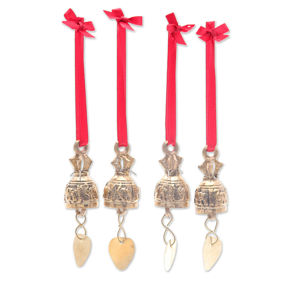 Set of 4 Brass Bell Ornaments with Elephants and Red Ribbons - Elephant Choir