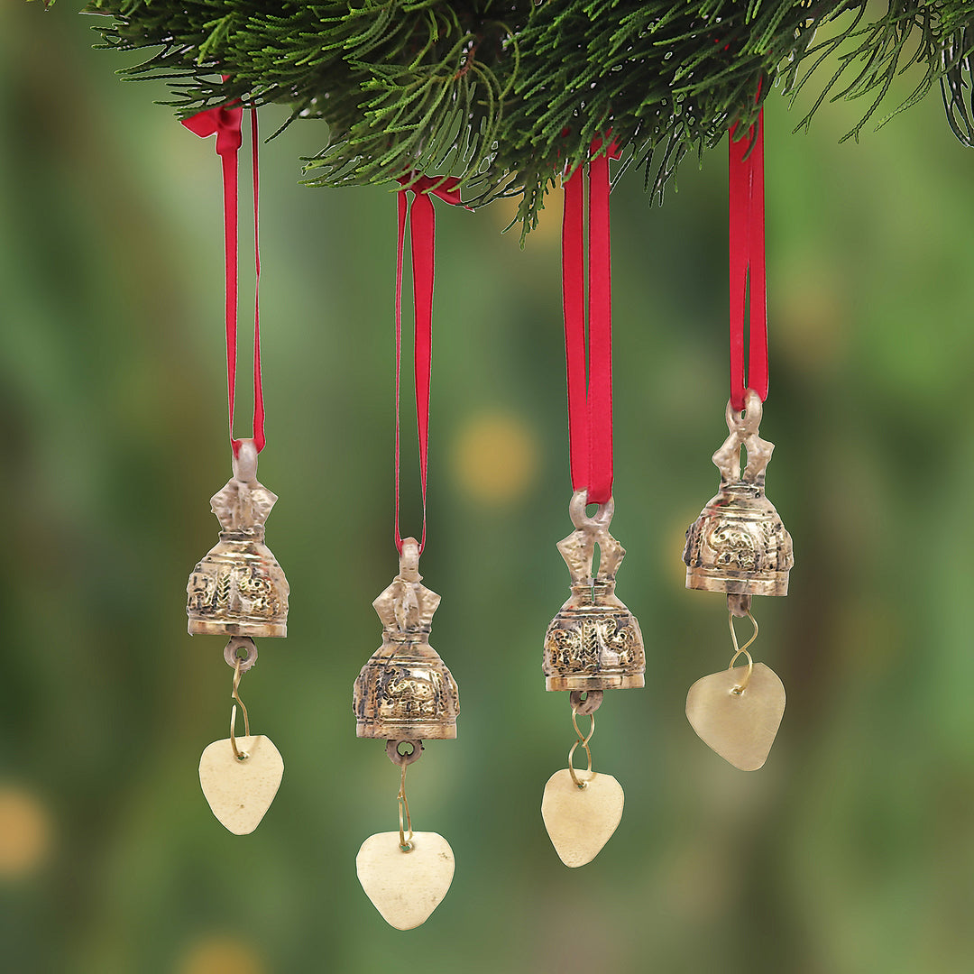Set of 4 Brass Bell Ornaments with Elephants and Red Ribbons - Elephant Choir