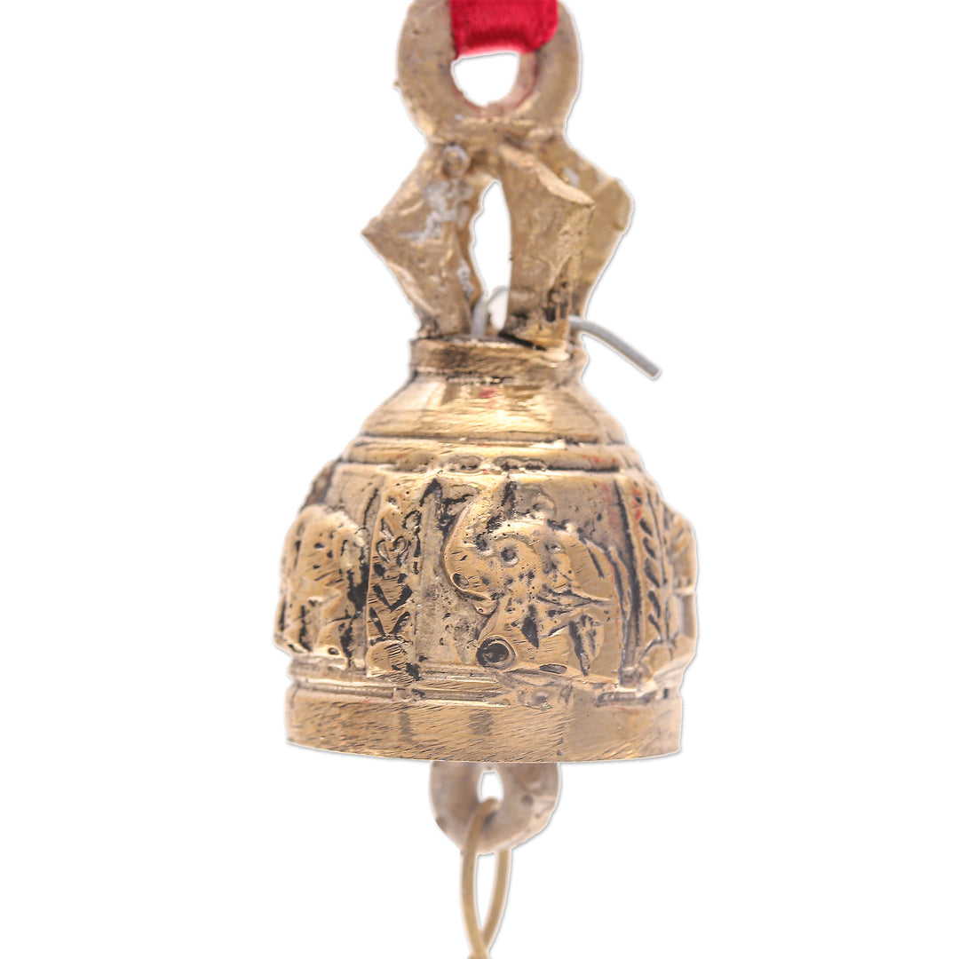 Set of 4 Brass Bell Ornaments with Elephants and Red Ribbons - Elephant Choir