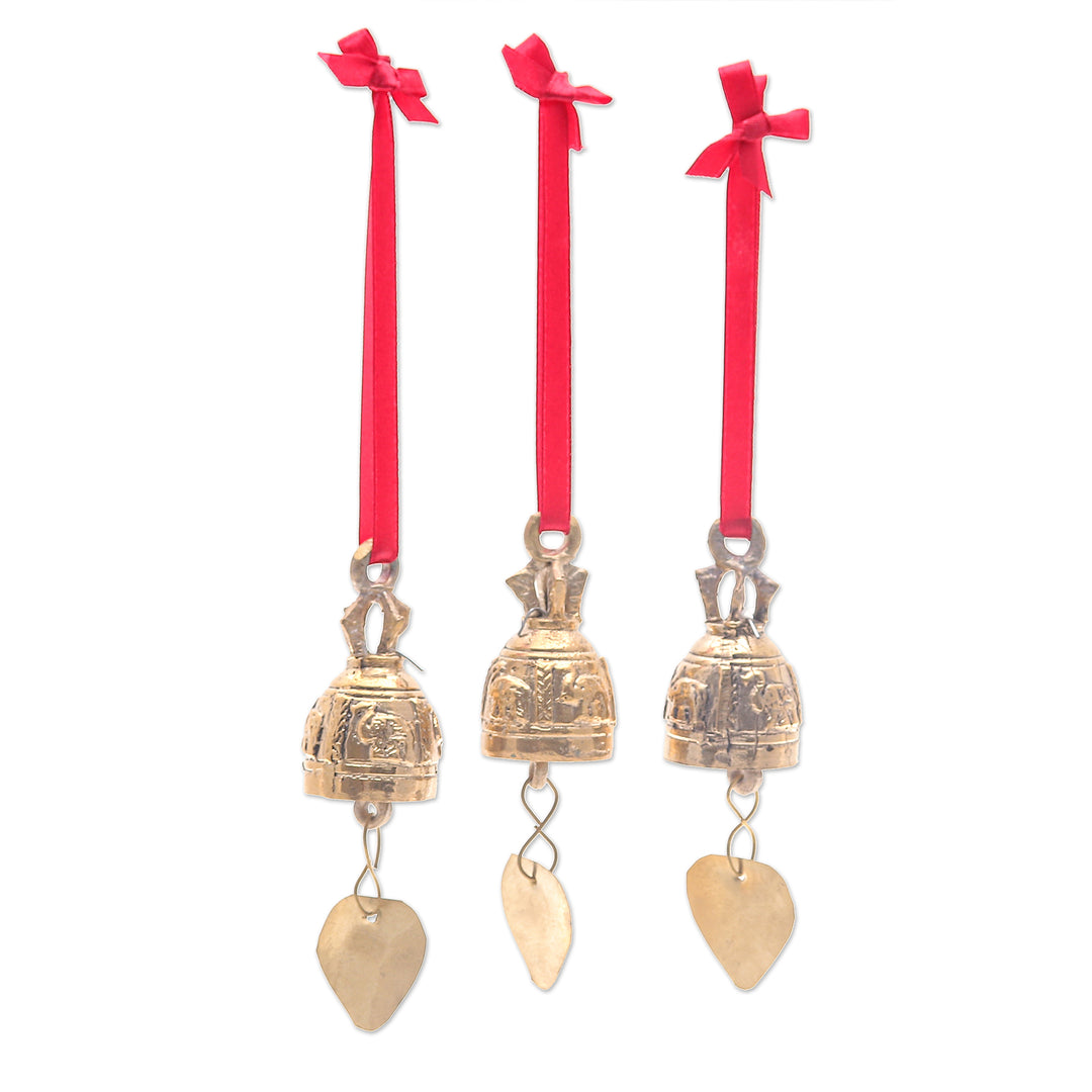 Set of 3 Brass Bell Ornaments with Elephants and Red Ribbons - Elephant Chant