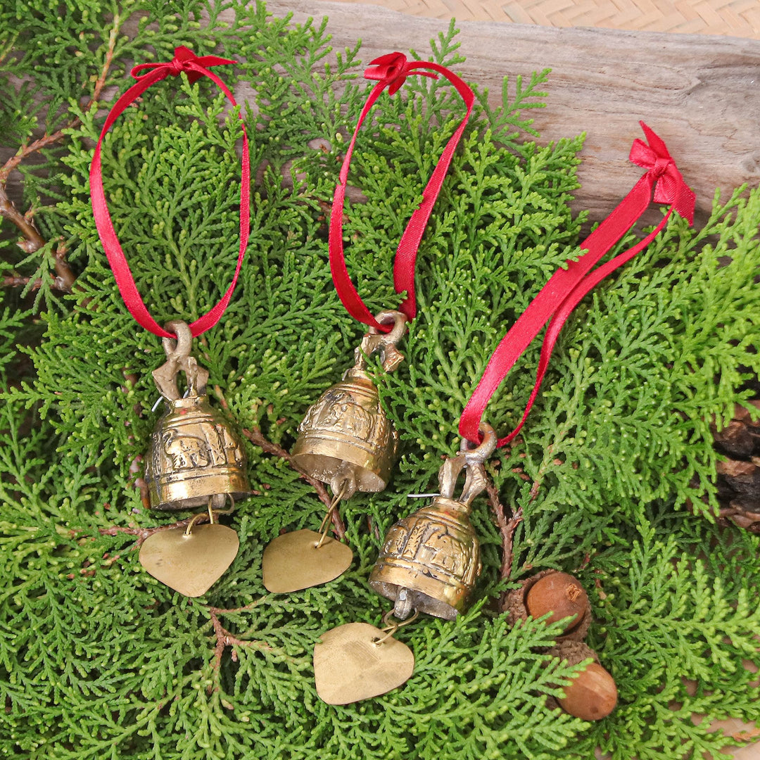 Set of 3 Brass Bell Ornaments with Elephants and Red Ribbons - Elephant Chant