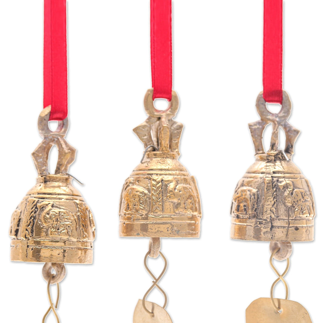 Set of 3 Brass Bell Ornaments with Elephants and Red Ribbons - Elephant Chant
