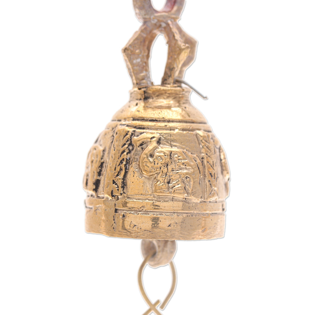 Set of 3 Brass Bell Ornaments with Elephants and Red Ribbons - Elephant Chant