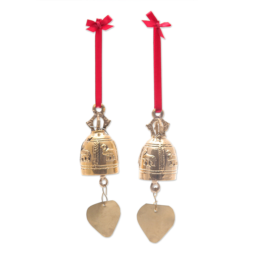 Pair of Brass Bell Ornaments with Elephants and Red Ribbons - Elephant Tune