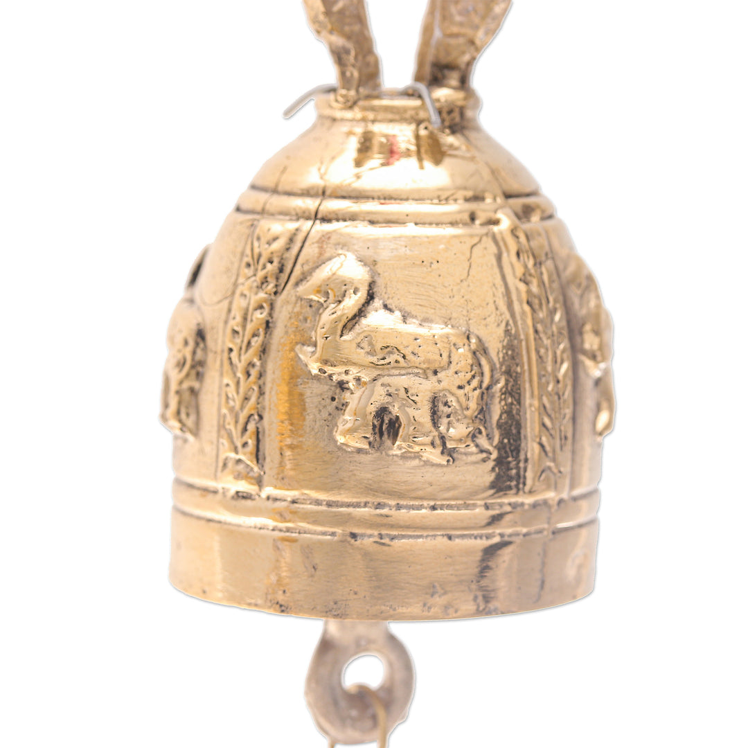 Pair of Brass Bell Ornaments with Elephants and Red Ribbons - Elephant Tune