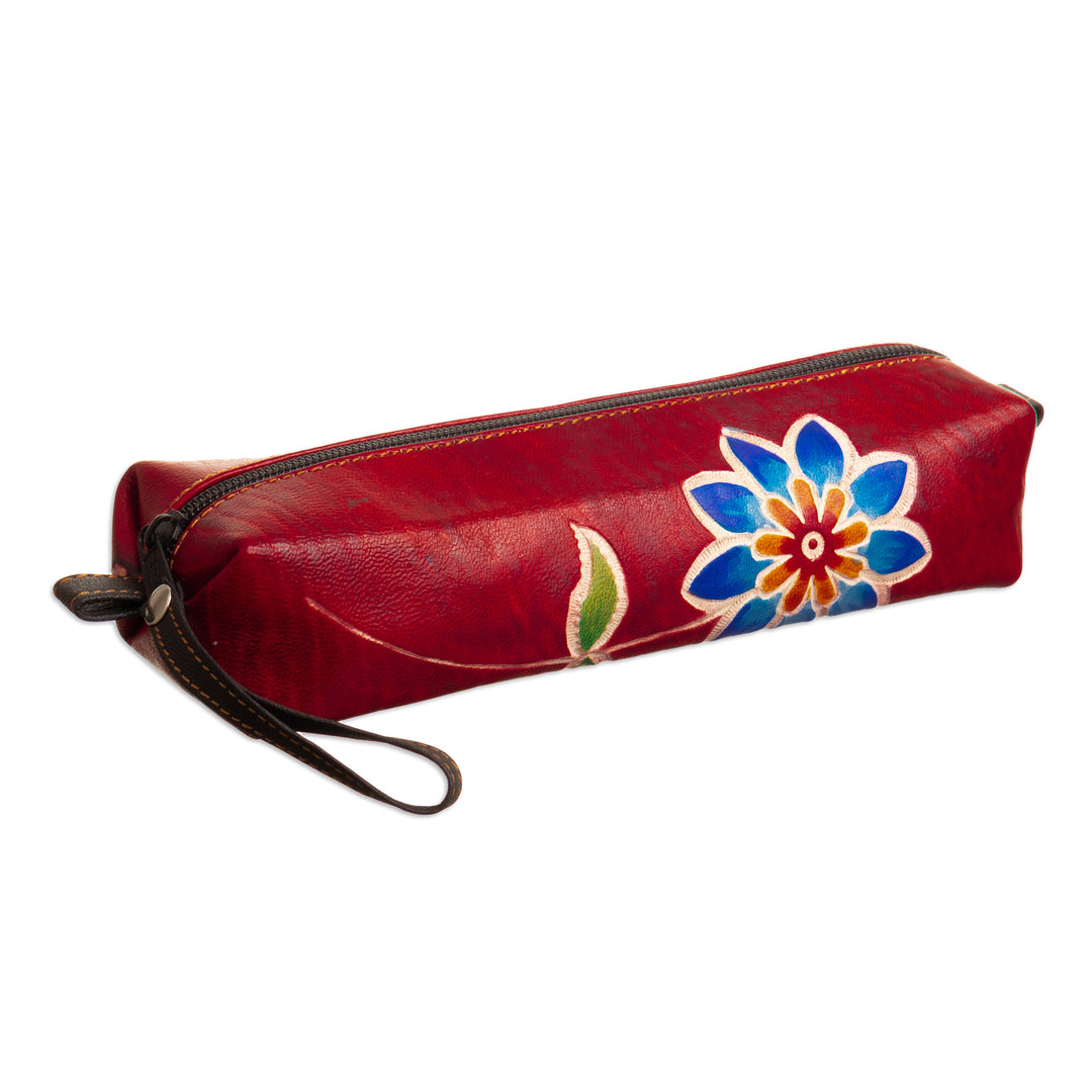 Leather Makeup Case with Floral Motif Hand-Painted in Peru - Floral Red
