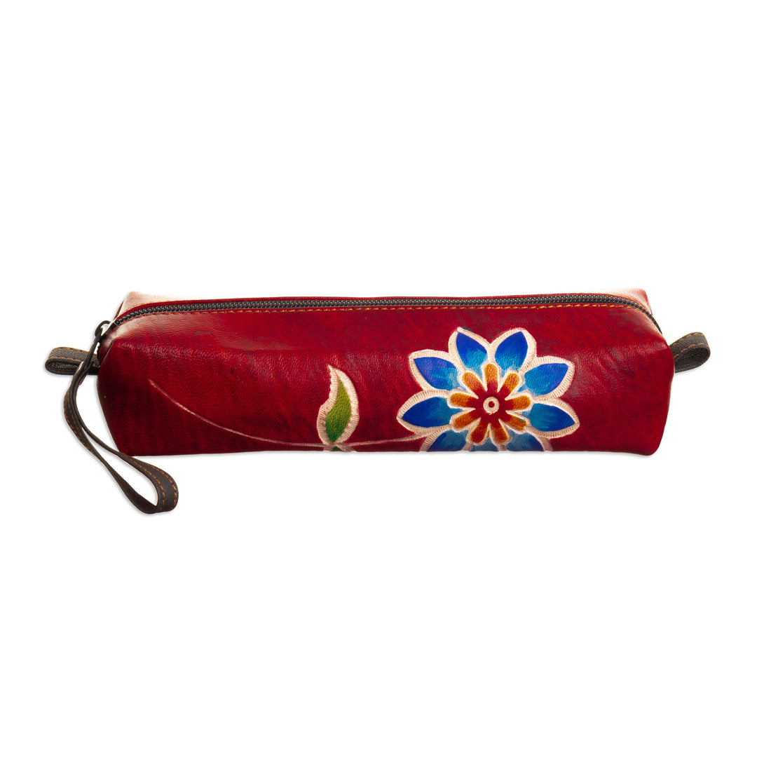 Leather Makeup Case with Floral Motif Hand-Painted in Peru - Floral Red