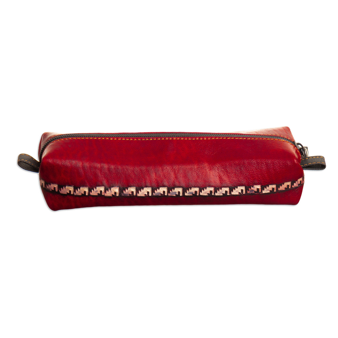 Leather Makeup Case with Floral Motif Hand-Painted in Peru - Floral Red