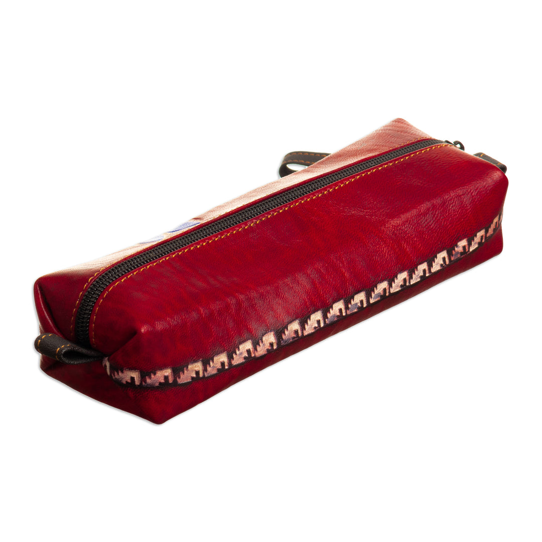 Leather Makeup Case with Floral Motif Hand-Painted in Peru - Floral Red