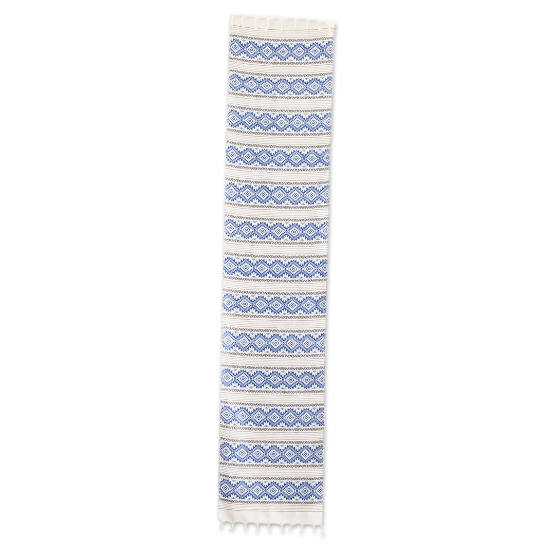 Hand-Woven Fringed Cotton Table Runner in Blue Ivory & Grey - Azure Diamond