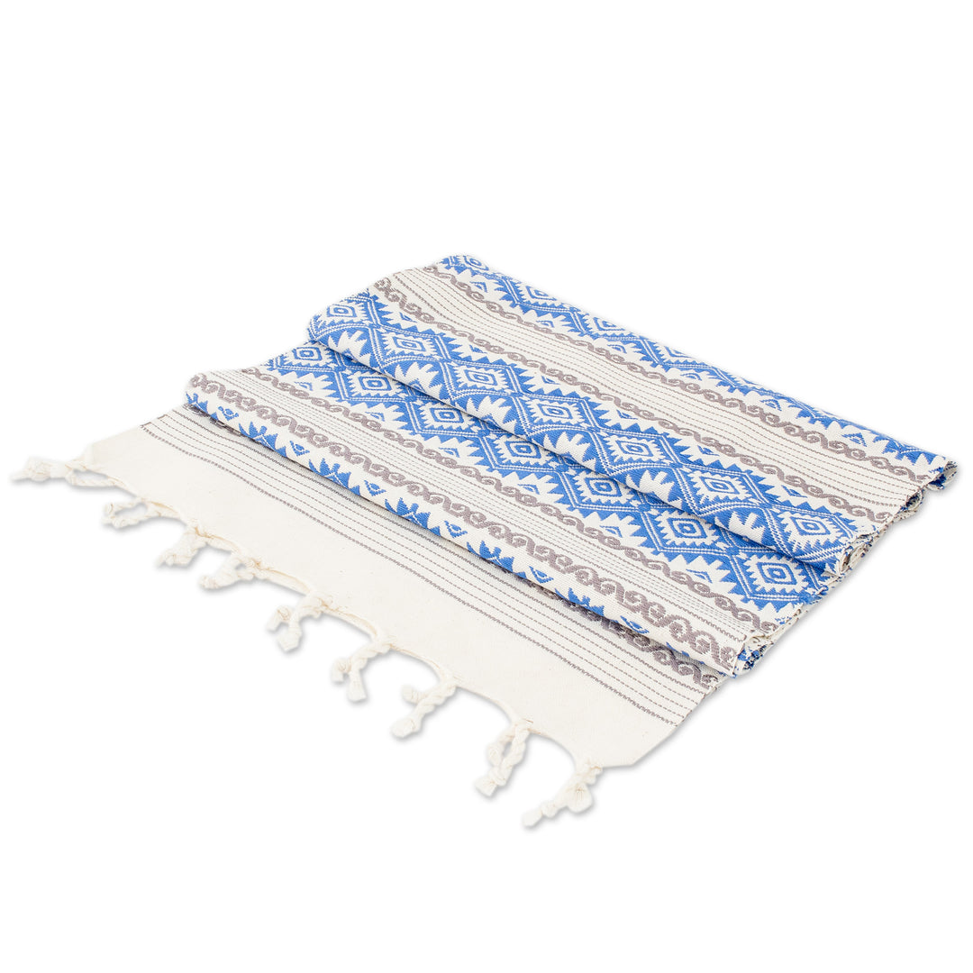Hand-Woven Fringed Cotton Table Runner in Blue Ivory & Grey - Azure Diamond