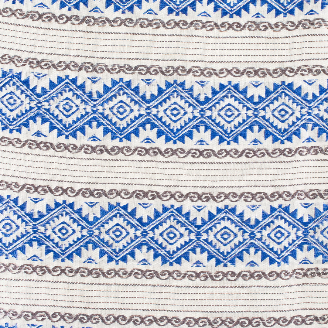 Hand-Woven Fringed Cotton Table Runner in Blue Ivory & Grey - Azure Diamond