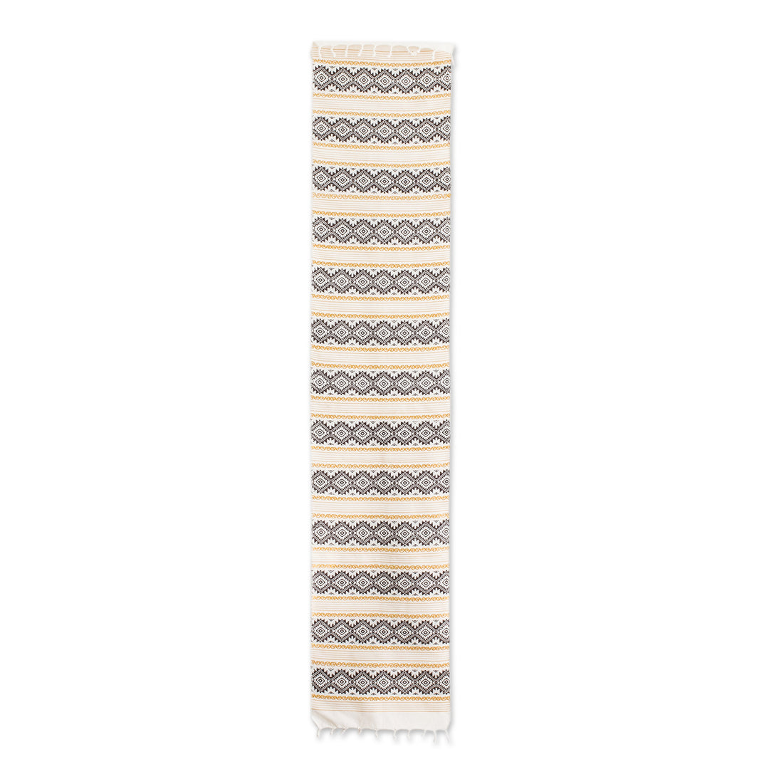 Hand-Woven Ivory Brown & Yellow Fringed Cotton Table Runner - Gold Diamond