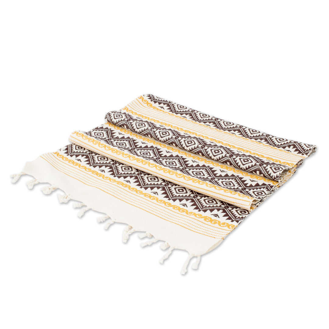 Hand-Woven Ivory Brown & Yellow Fringed Cotton Table Runner - Gold Diamond