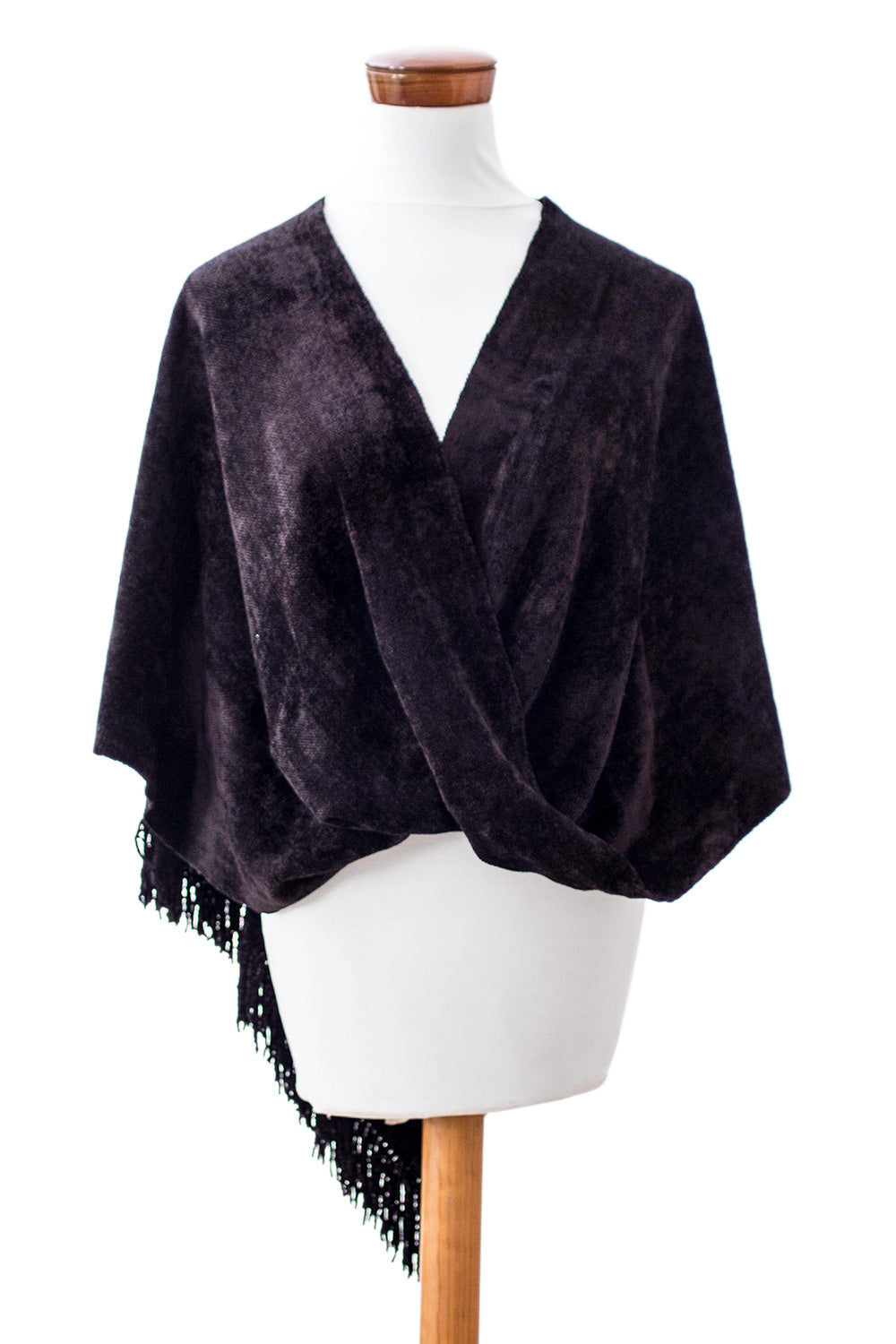 Handwoven Cross Front Black Cotton Blend Poncho with Fringes - Dark Night