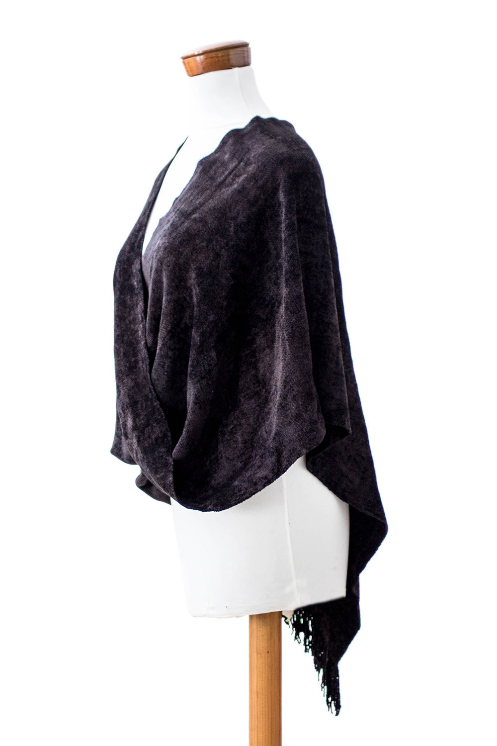 Handwoven Cross Front Black Cotton Blend Poncho with Fringes - Dark Night