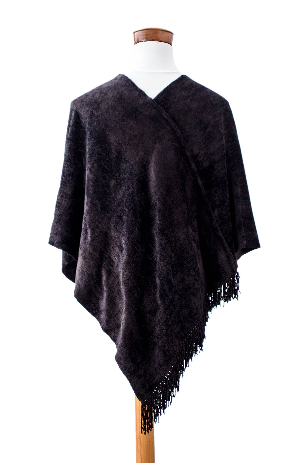 Handwoven Cross Front Black Cotton Blend Poncho with Fringes - Dark Night