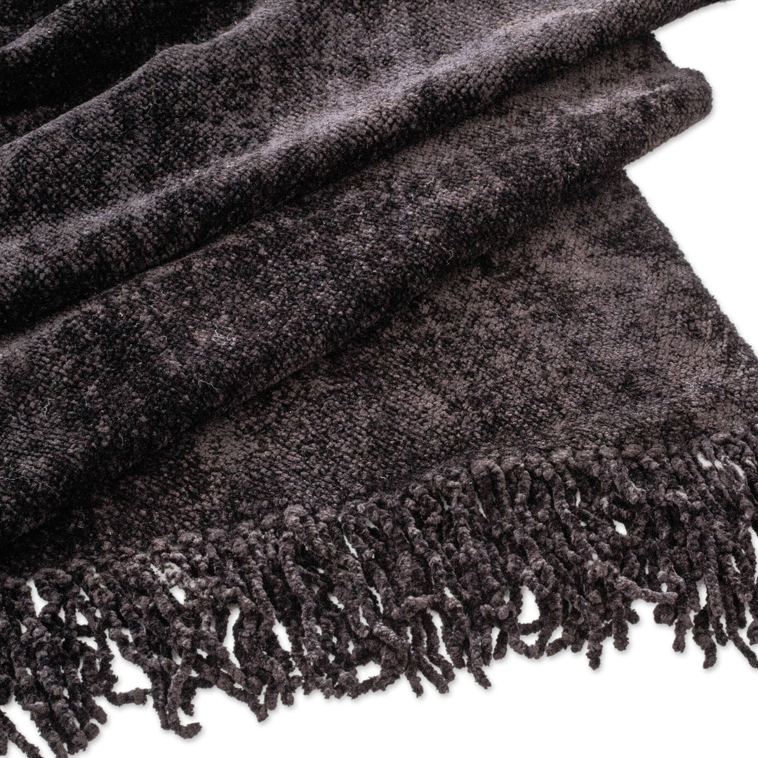 Handwoven Cross Front Black Cotton Blend Poncho with Fringes - Dark Night