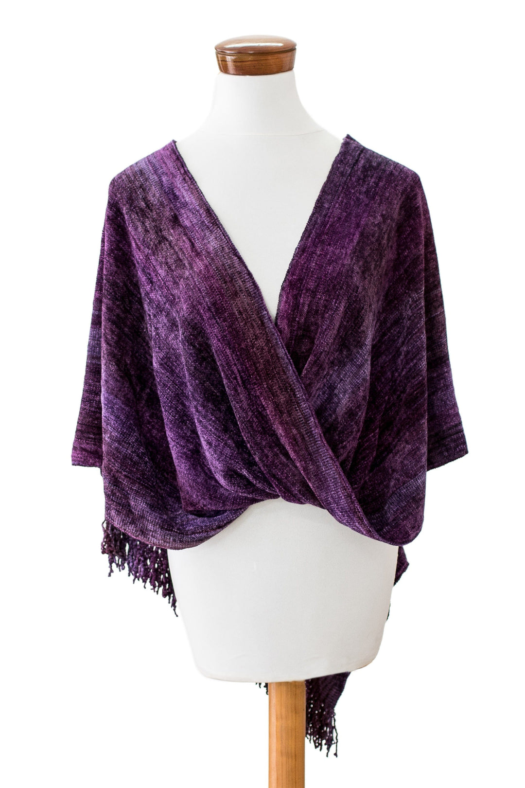 Cotton Blend Twisted Front Fringed Poncho in Purple Hues - Purple Charm