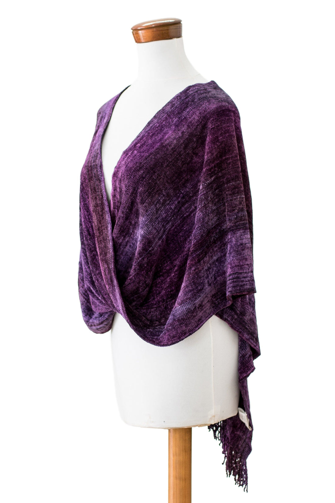 Cotton Blend Twisted Front Fringed Poncho in Purple Hues - Purple Charm