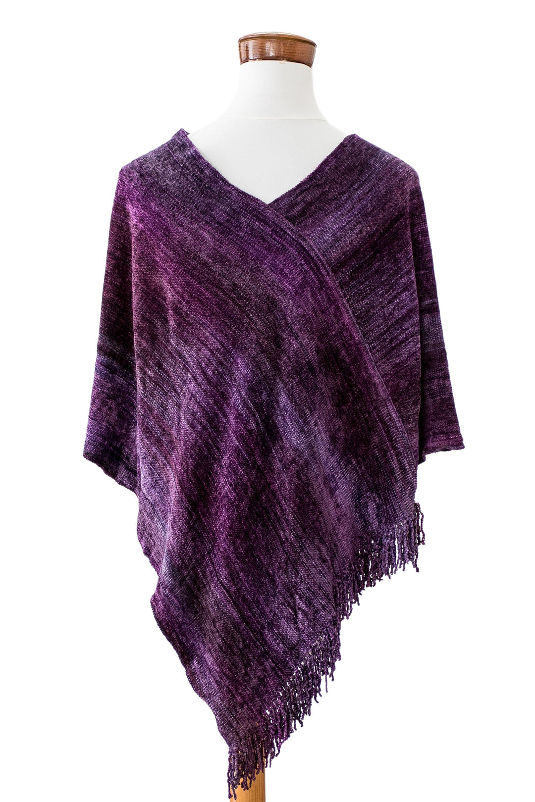 Cotton Blend Twisted Front Fringed Poncho in Purple Hues - Purple Charm