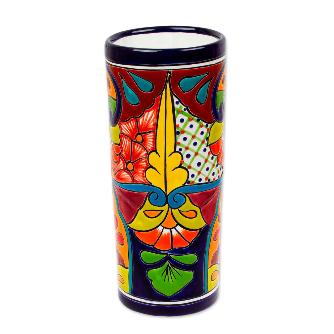 Cylindrical Talavera-Style Ceramic Vase from Mexico - Cylindrical Talavera