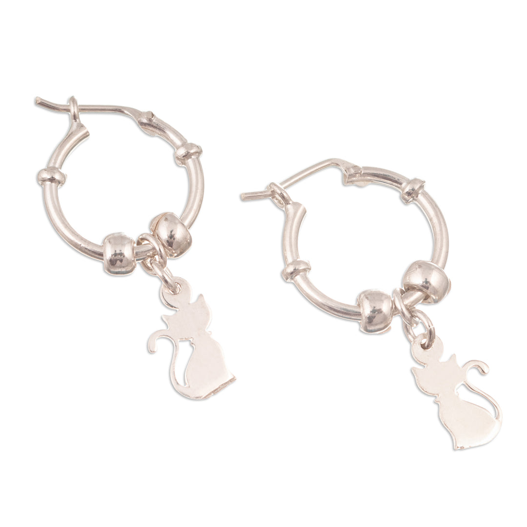Cat Themed Sterling Silver Hoop Dangle Earrings - Little Kitten