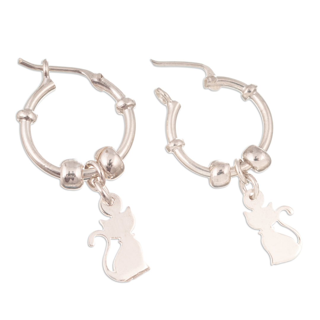 Cat Themed Sterling Silver Hoop Dangle Earrings - Little Kitten