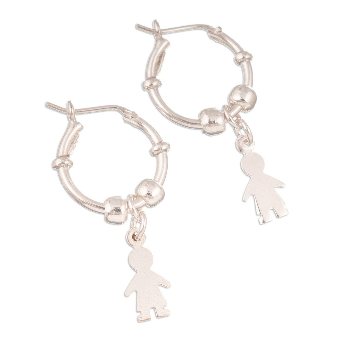 Polished Sterling Silver Hoop Earrings with Boy Motif - Little Boy