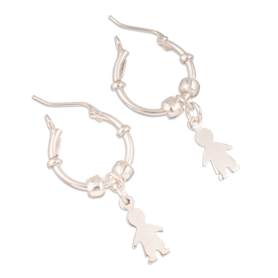 Polished Sterling Silver Hoop Earrings with Boy Motif - Little Boy