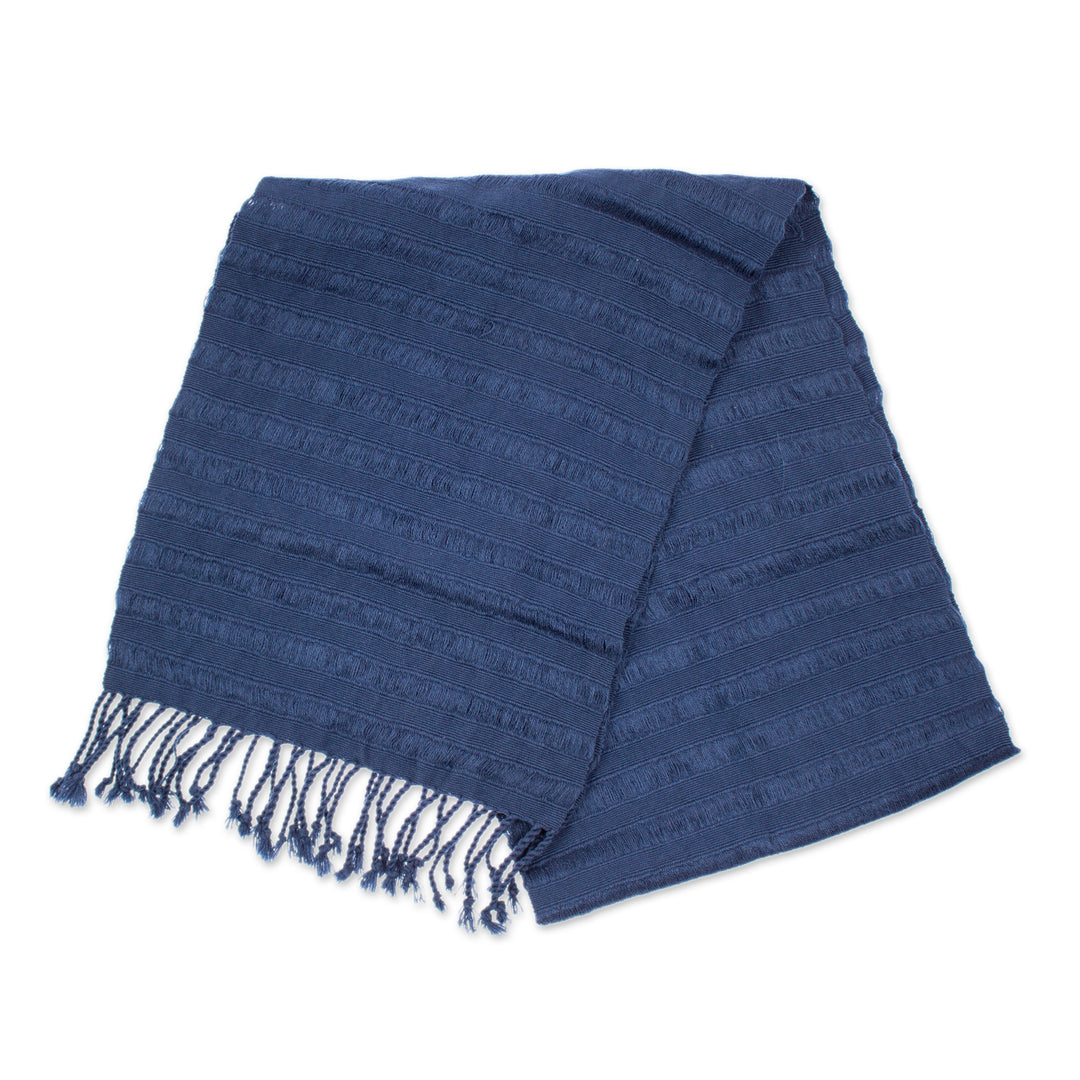 Blue Cotton Scarf with Braided Fringes Handloomed in Mexico - Blue Catwalks
