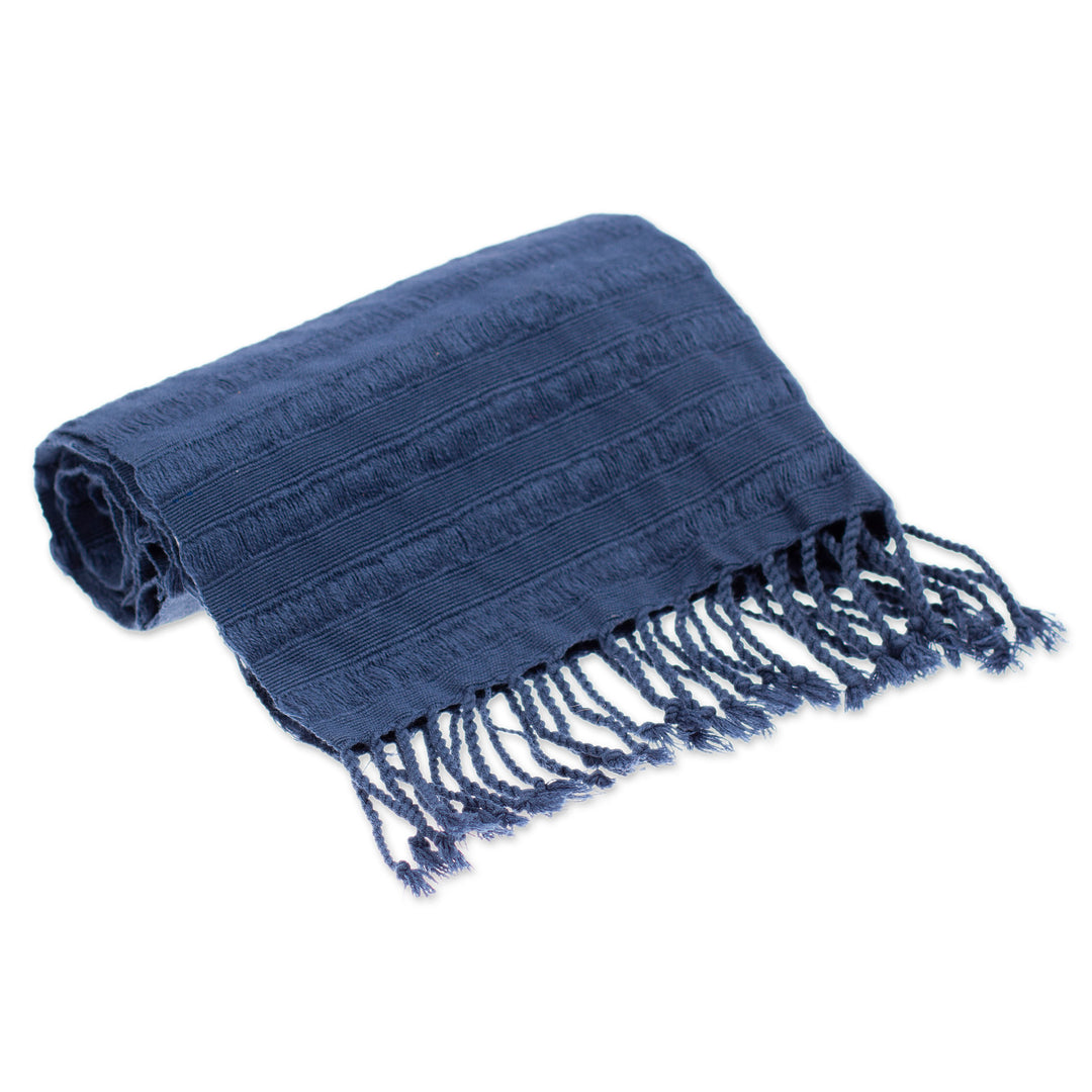 Blue Cotton Scarf with Braided Fringes Handloomed in Mexico - Blue Catwalks
