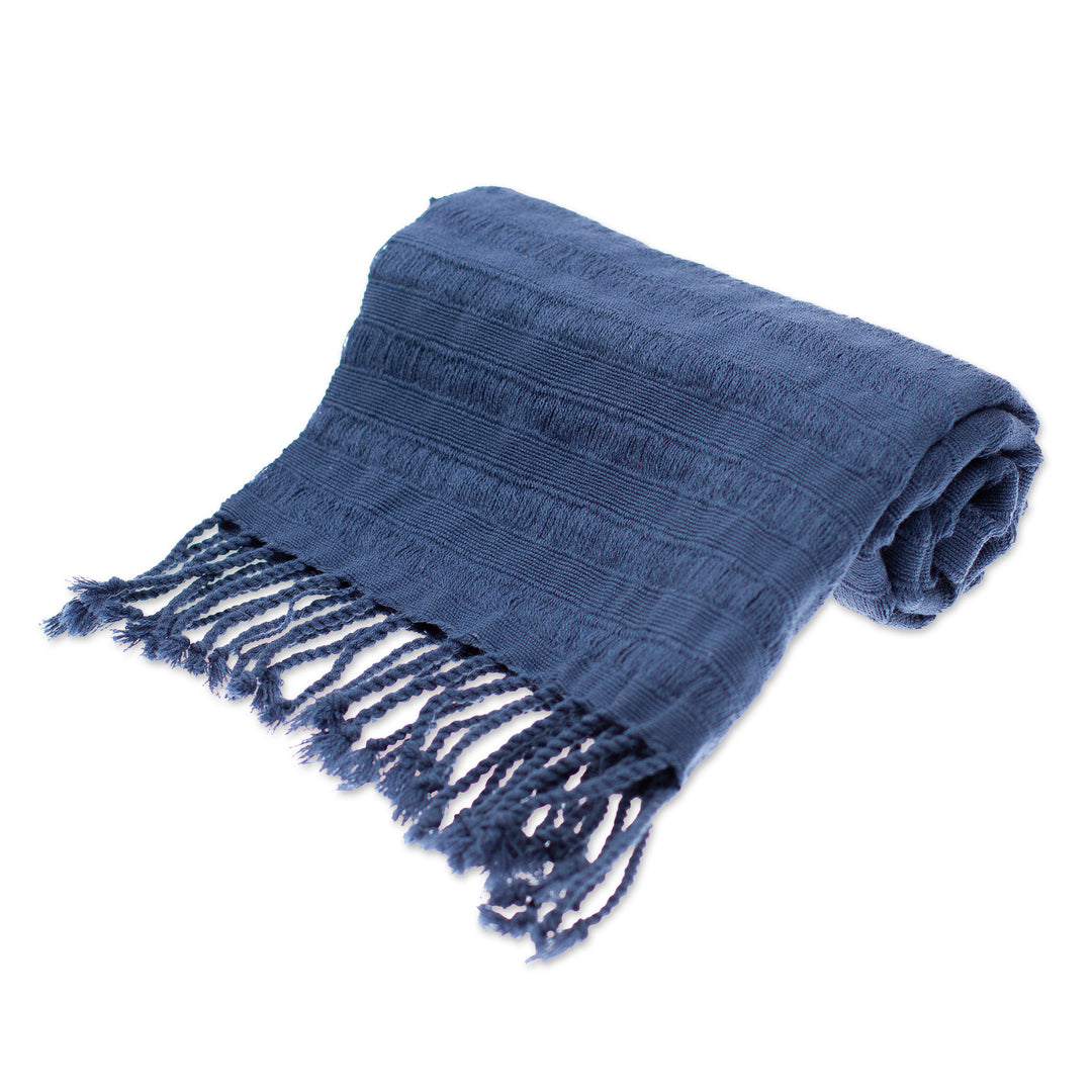 Blue Cotton Scarf with Braided Fringes Handloomed in Mexico - Blue Catwalks
