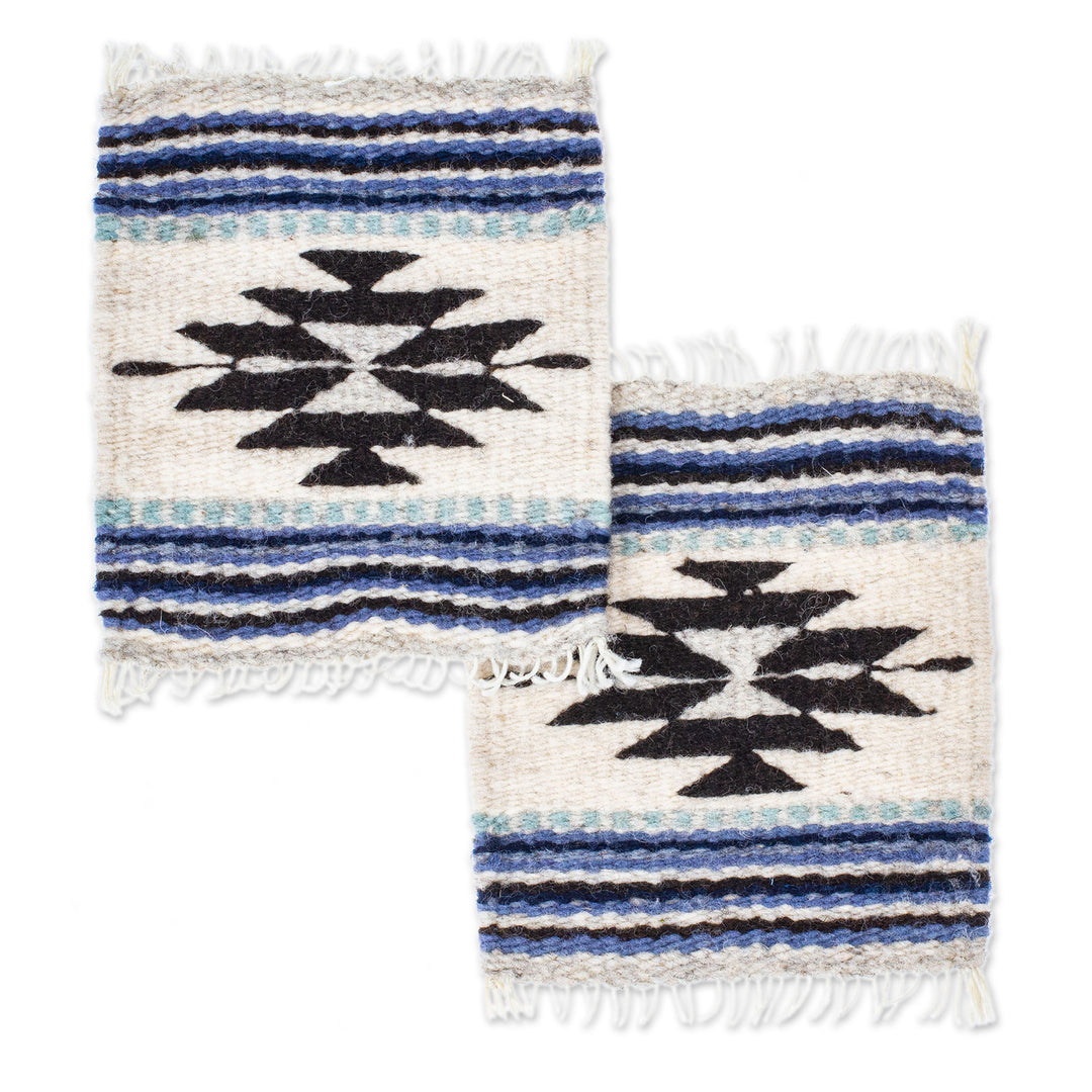 Pair of Coasters Hand-Woven from Wool with Mexican Motifs - Blue Mexico