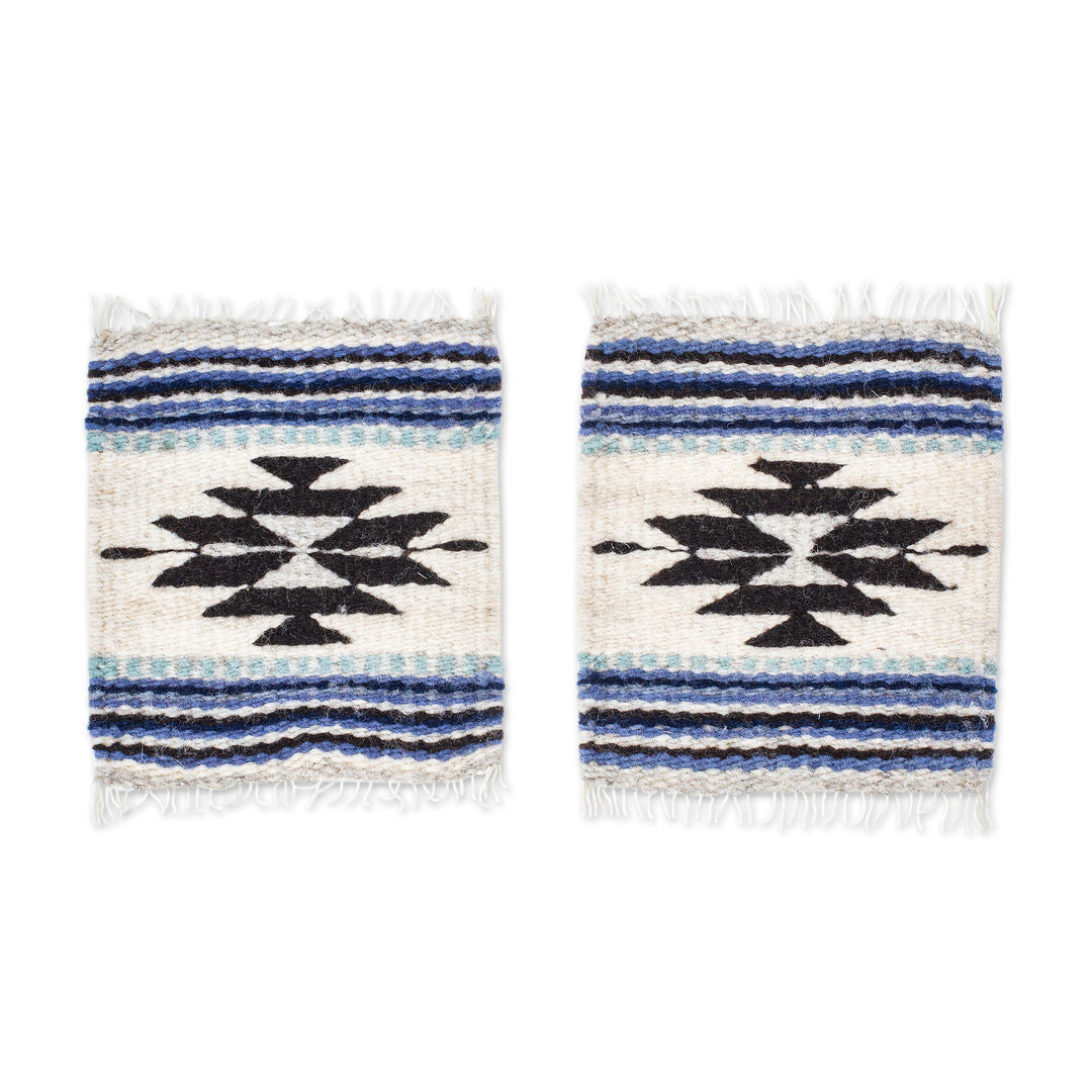 Pair of Coasters Hand-Woven from Wool with Mexican Motifs - Blue Mexico