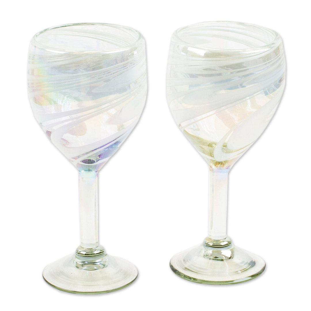 2 Handblown Eco-Friendly Wine Glasses Iridescent Reflections - White Threads