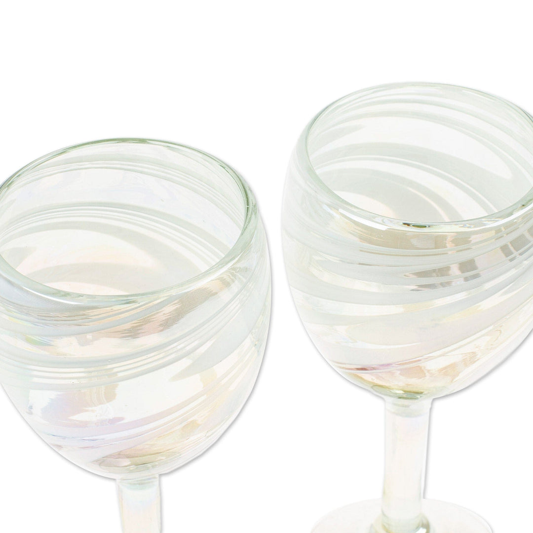 2 Handblown Eco-Friendly Wine Glasses Iridescent Reflections - White Threads