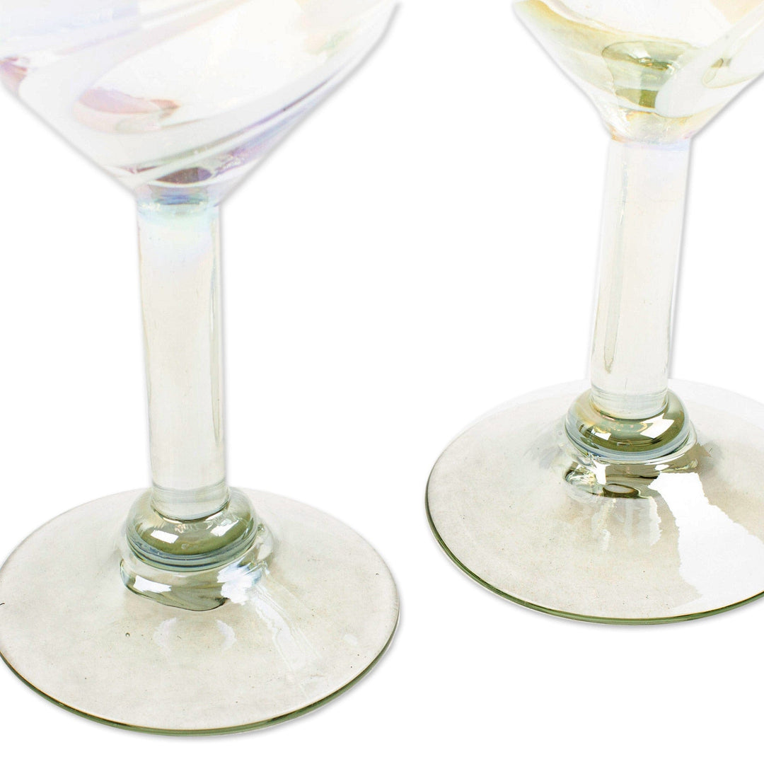 2 Handblown Eco-Friendly Wine Glasses Iridescent Reflections - White Threads