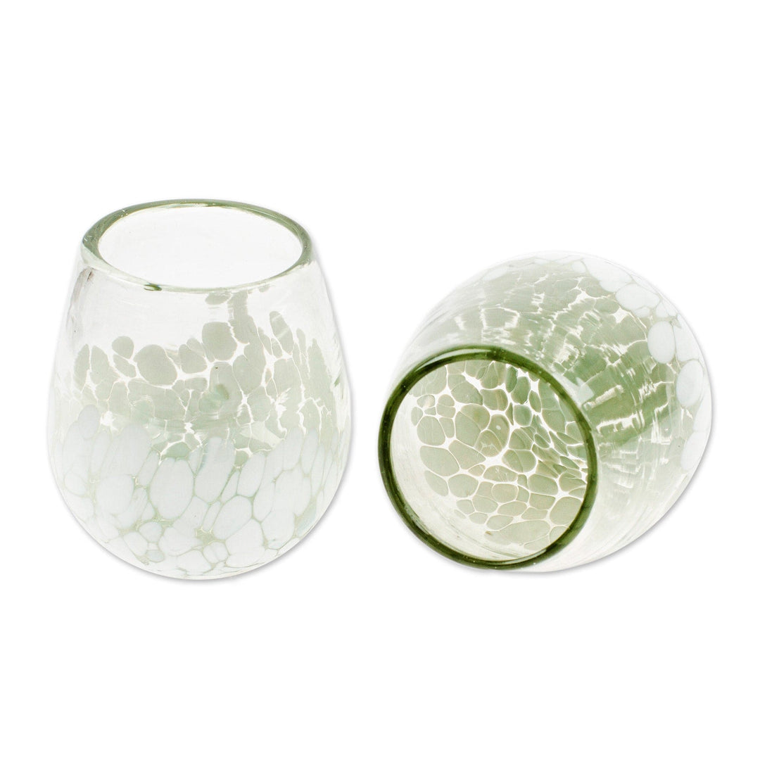 Pair of Stemless Wine Glasses Handblown from Recycled Glass - White Strokes