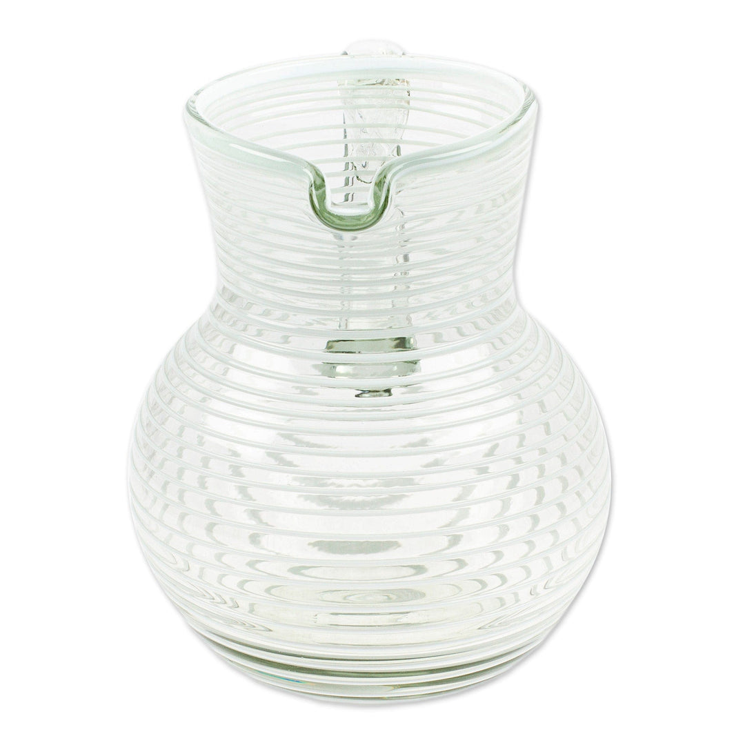 Eco-Friendly Handblown Recycled Glass Pitcher from Mexico - White Spirals