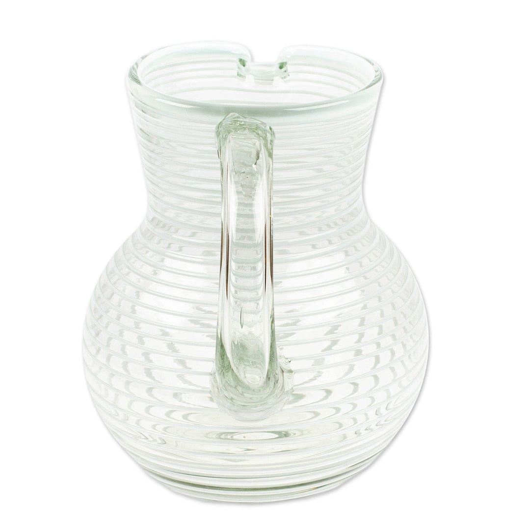 Eco-Friendly Handblown Recycled Glass Pitcher from Mexico - White Spirals