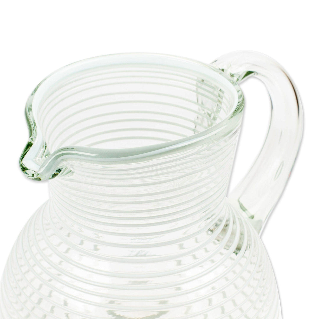 Eco-Friendly Handblown Recycled Glass Pitcher from Mexico - White Spirals