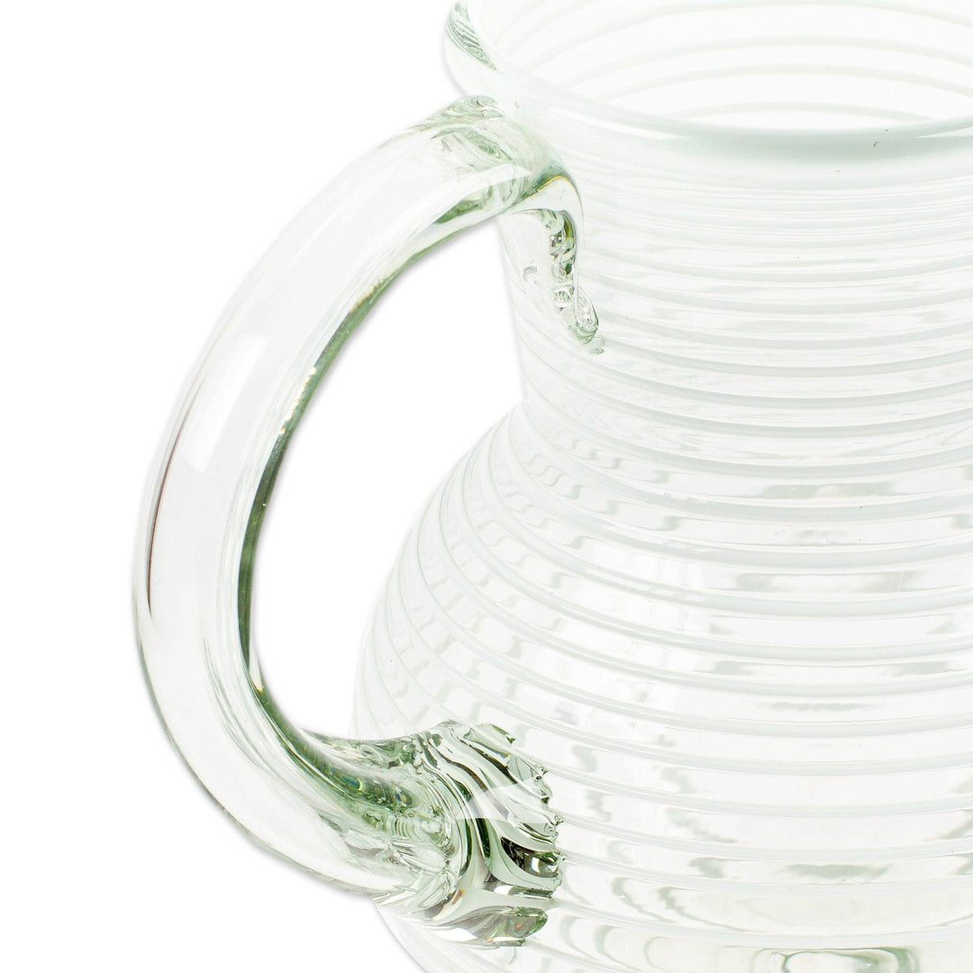 Eco-Friendly Handblown Recycled Glass Pitcher from Mexico - White Spirals