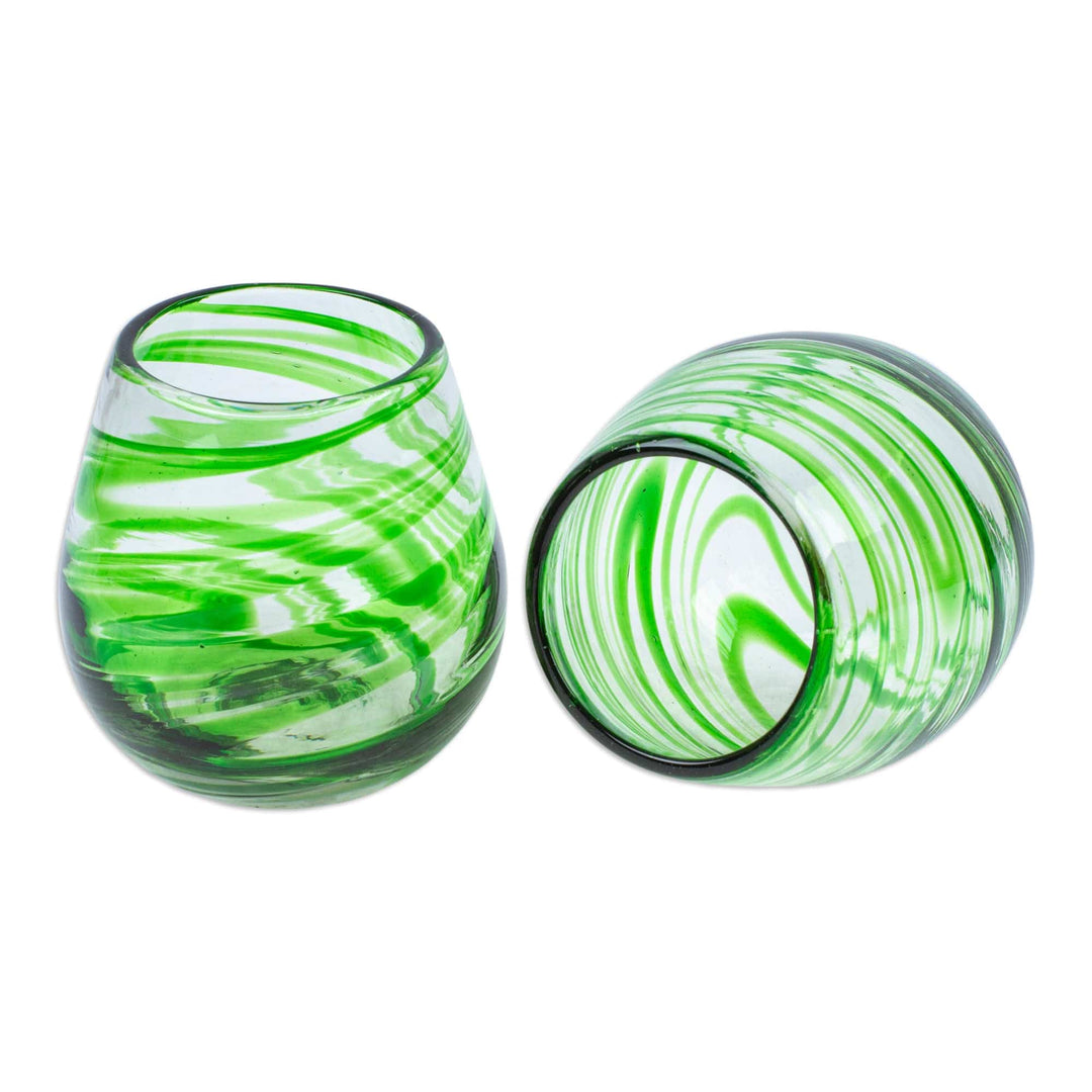 Set of 2 Green Handblown Eco-Friendly Stemless Wine Glasses - Forest Whirlpool
